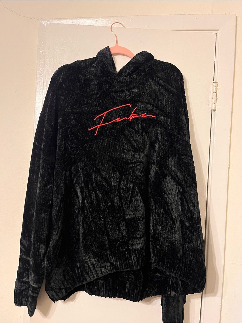 FUBU Black Plush Hoodie with Red Script Logo